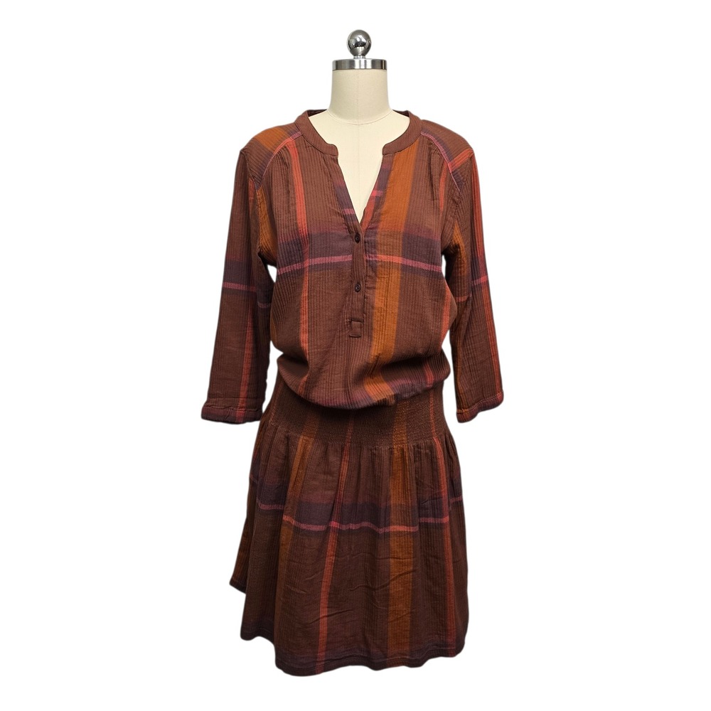 Prana Long-Sleeve Plaid Midi Dress in Brown and Rust